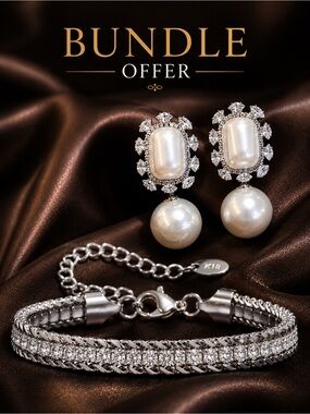 Silver color and White Pearl Drop Earrings and bracelet combo